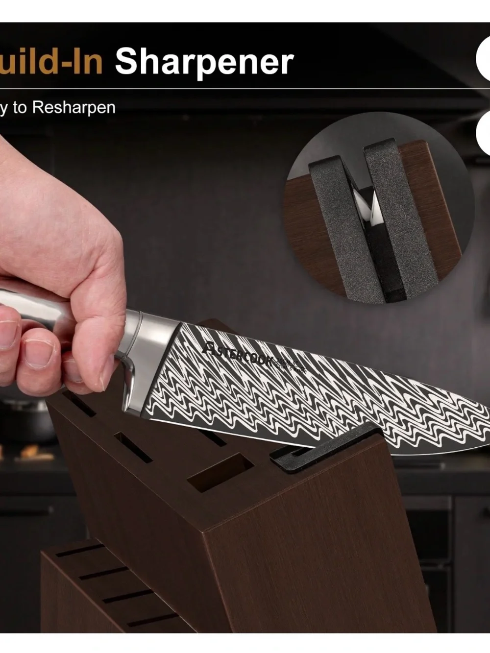 AsterCook 12-Piece Silver Knife Set with Brown Wooden Block